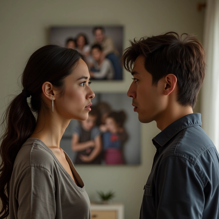Casal em discussão tensa com fotos de família ao fundo.