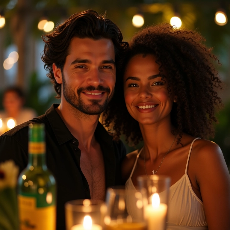 Casal em jantar temático surpresa com tema brasileiro.