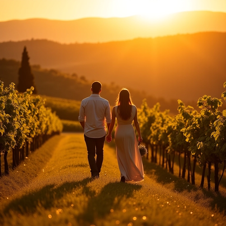 Lua de Mel na Toscana: Campos Casal em lua de mel caminha por vinhedos ensolarados na Toscana.