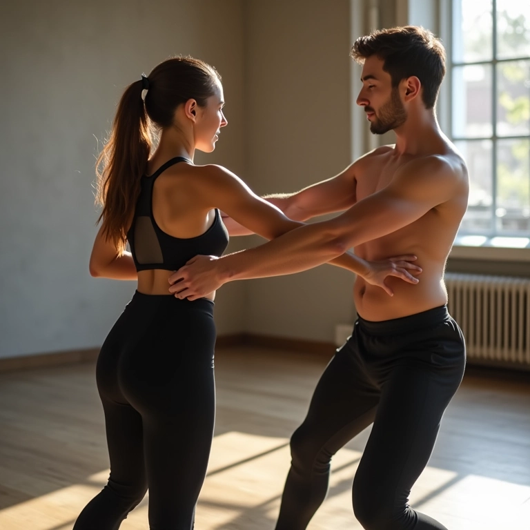 Casal ensaiando coreografia com coreógrafo em estúdio.