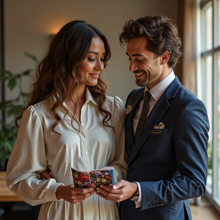 Casal escolhendo decoração de casamento com tema de série de TV.