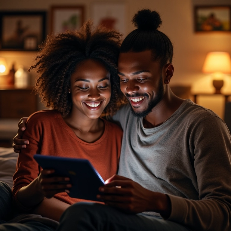 Casal escolhendo músicas para o noivado em um tablet, em sala aconchegante.