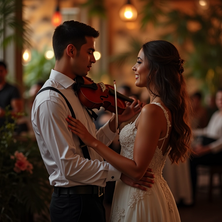 Casal escolhendo o repertório da orquestra para o casamento.