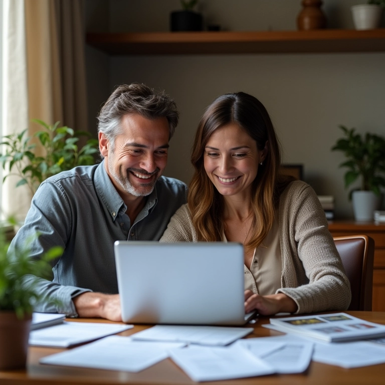 Casal escolhendo plano de saúde para a família em escritório.