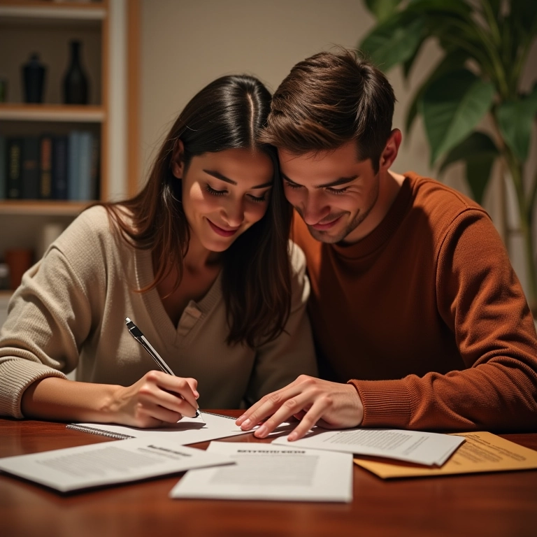 Casal escrevendo anúncios de noivado personalizados.
