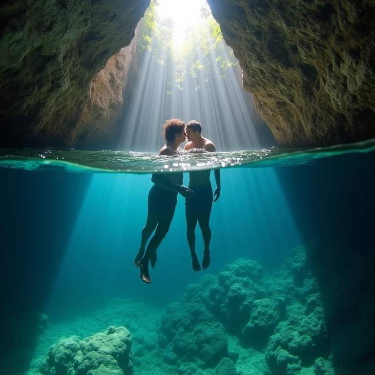 Casal explorando cenotes subaquáticos na Riviera Maya, México.