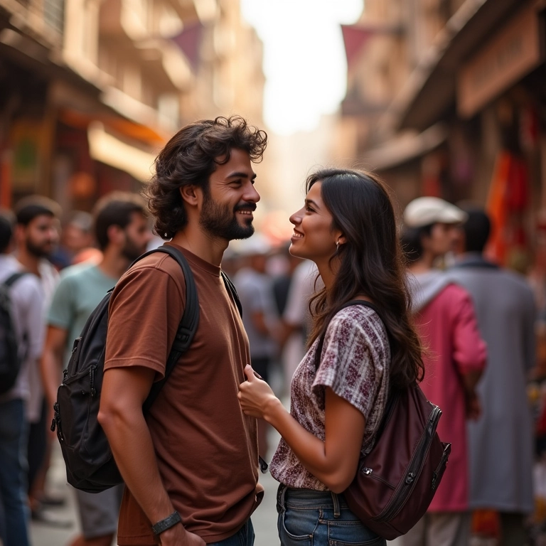 Casal explorando um mercado movimentado no Cairo, Egito.