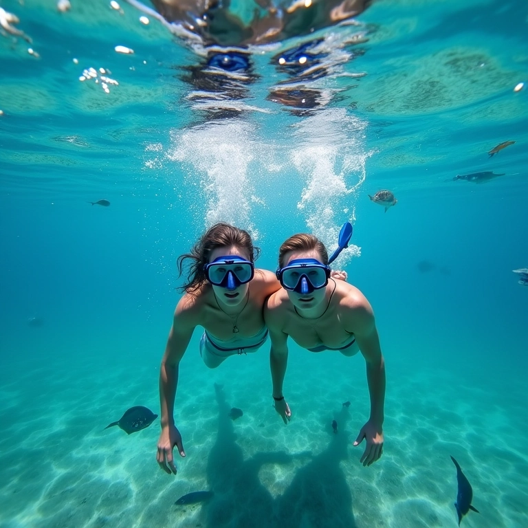 Casal faz flutuação no Rio da Prata, Bonito, com águas transparentes e muitos peixes.