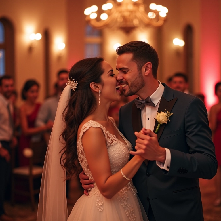 Casal fazendo coreografia engraçada e divertida no casamento.