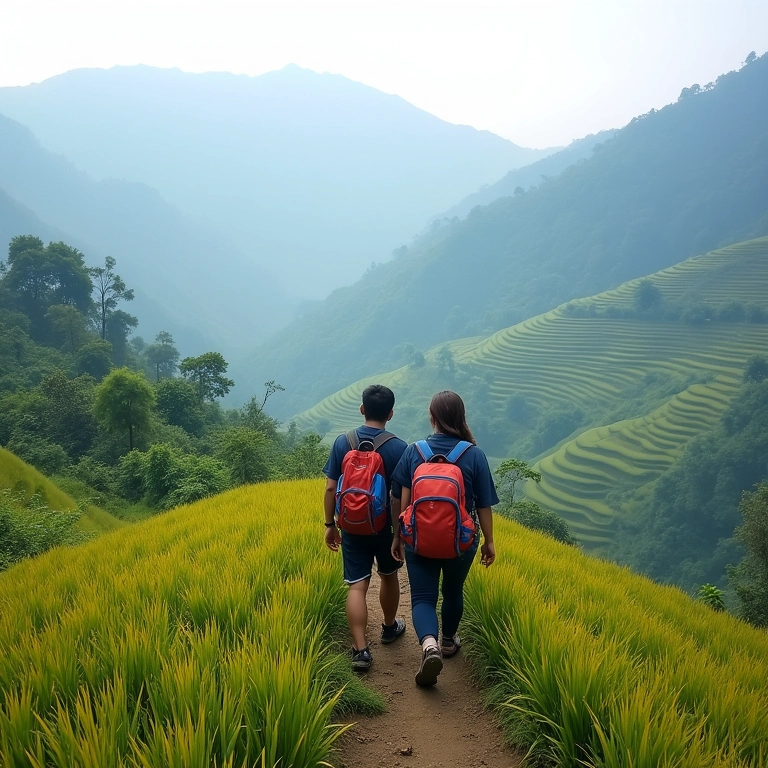 Casal fazendo trekking nas montanhas de Sapa, terraços de arroz.