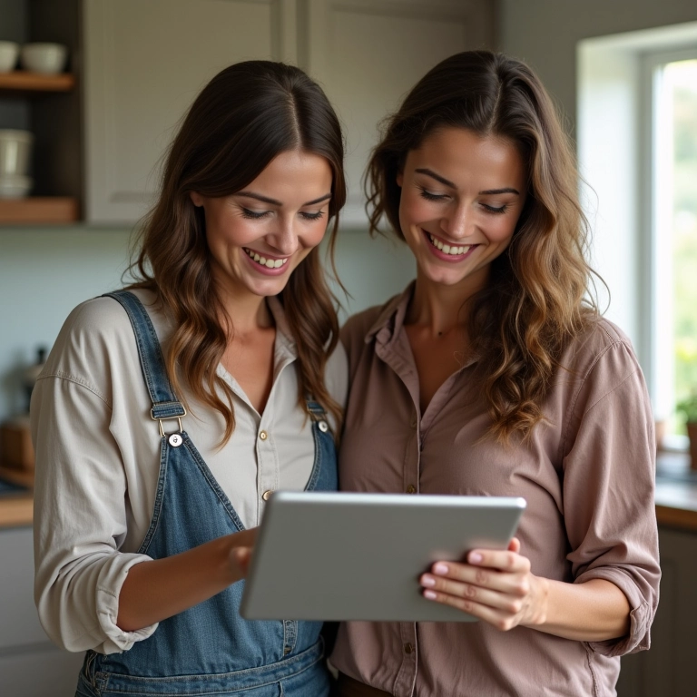 Casal feminino sorrindo e planejando reforma da casa com tablet.