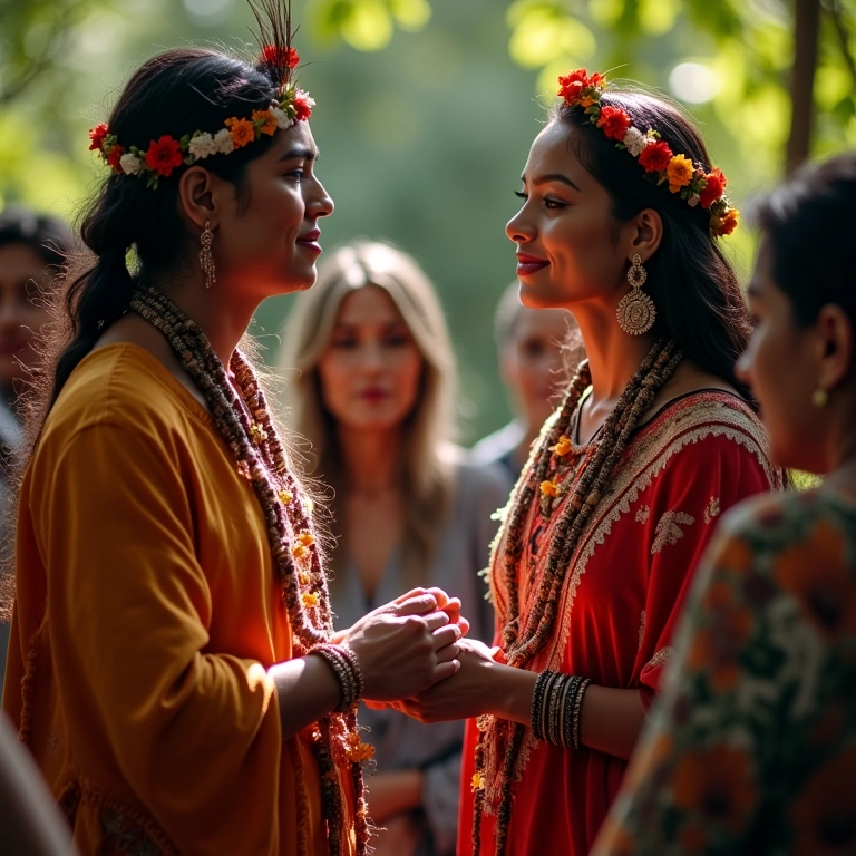 Casal indígena trocando votos em casamento tradicional com ritual de pajelança.