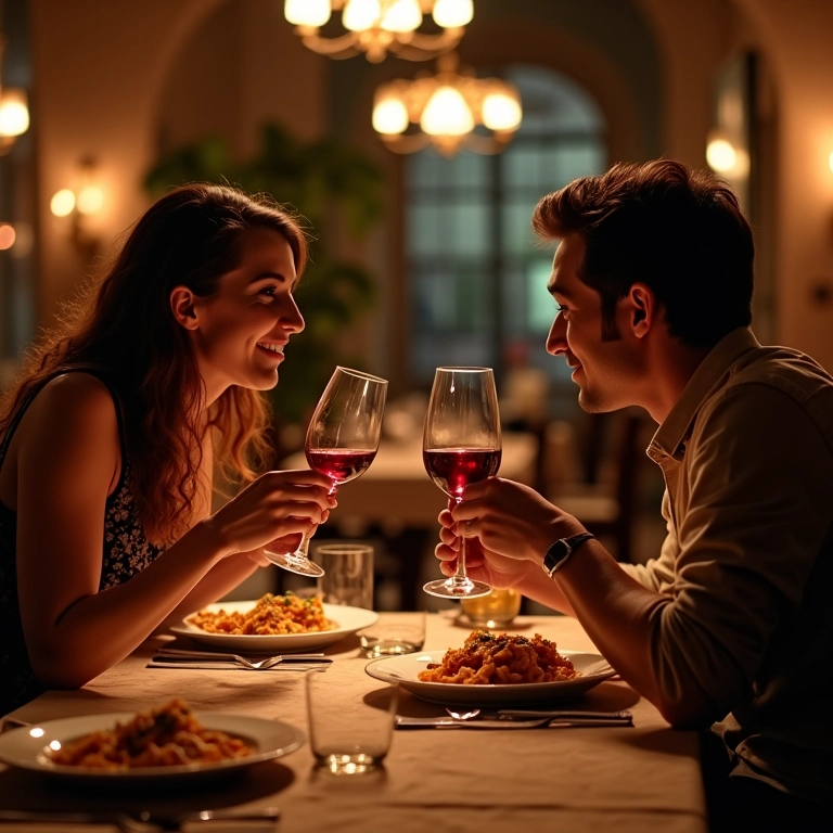 Casal janta em restaurante típico da Toscana, compartilhando massas e vinho.