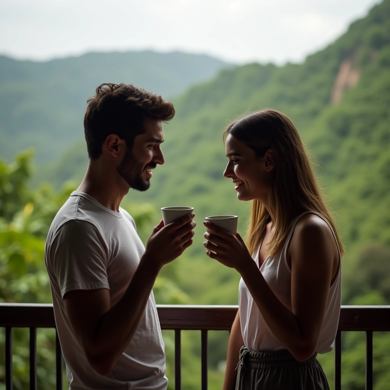 Casal jovem adulto planeja família em varanda com vista para paisagem brasileira.