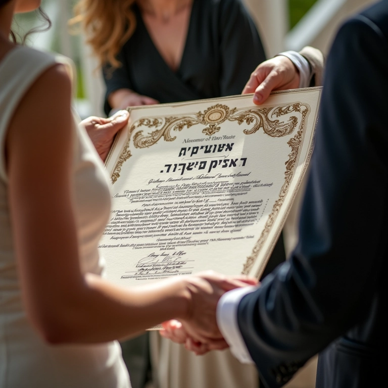 Casal judeu assinando a Ketubah, contrato matrimonial, com detalhes elegantes.
