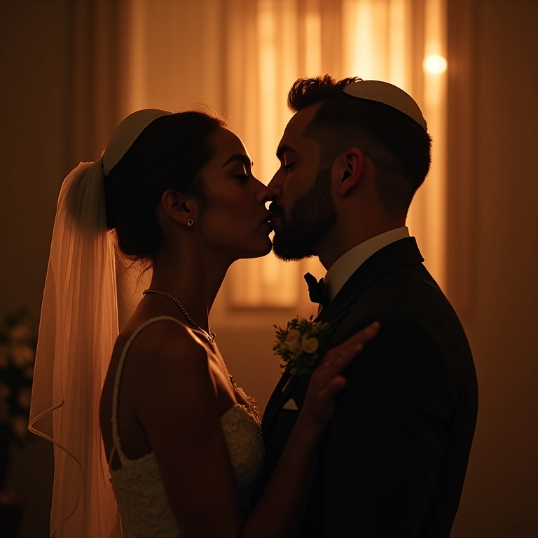 Casal judeu recém-casado em um momento íntimo no quarto de Yichud.