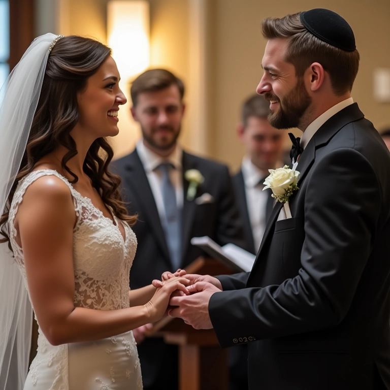 Casal judeu trocando alianças durante a cerimônia de Kiddushin e Nissuin.