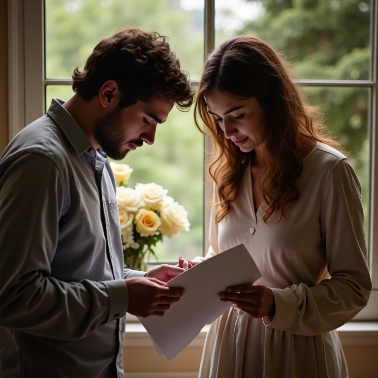 Casal lendo atentamente o contrato de decoração de eventos.