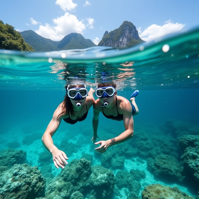 Casal mergulhando em águas cristalinas em Phi Phi.