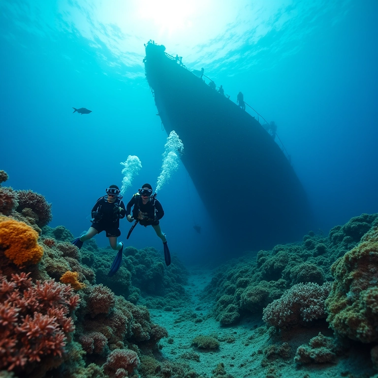 Casal mergulhando em Bali, Indonésia, explorando um navio naufragado.
