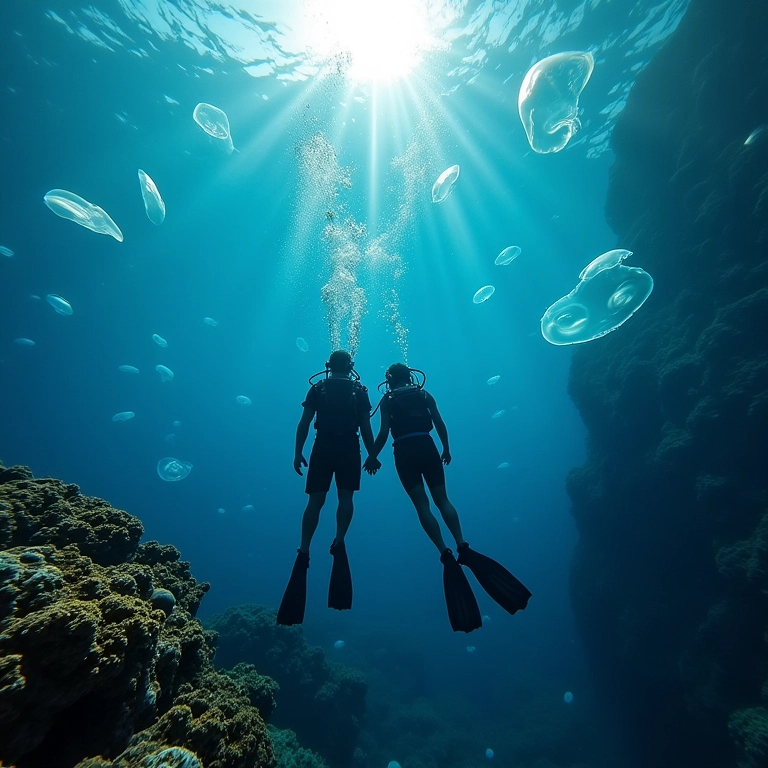 Casal mergulhando em Palau, Micronésia, cercado por lago de águas-vivas.
