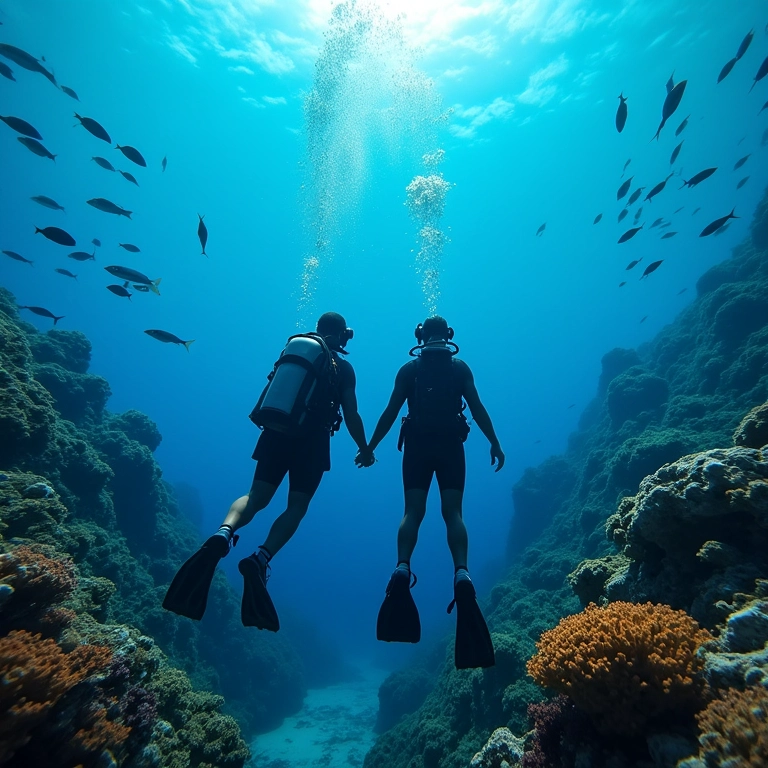 Casal mergulhando nas Filipinas, cercado por cardumes de peixes.
