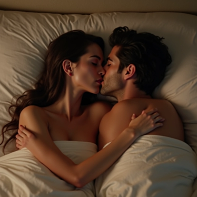 Casal na cama, se abraçando e beijando apaixonadamente.