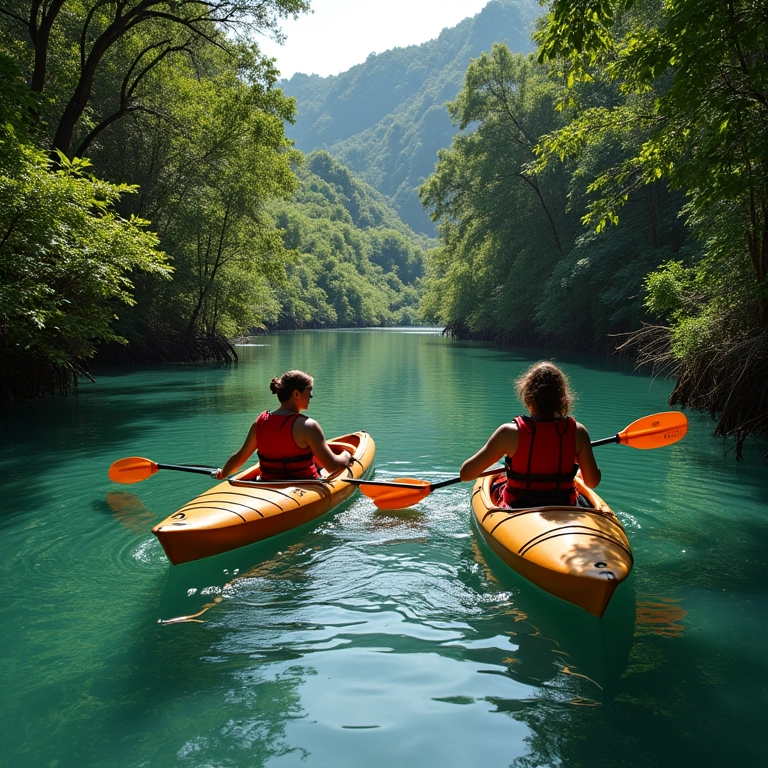 Casal navegando de caiaque em rio cristalino em Bonito na lua de mel.