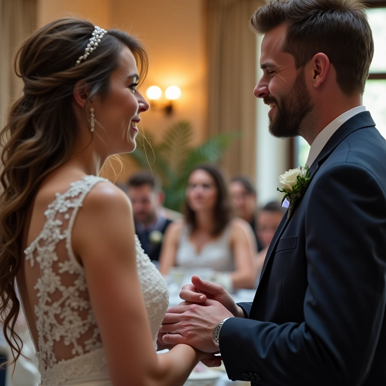 Casal negociando o preço do salão de festas.