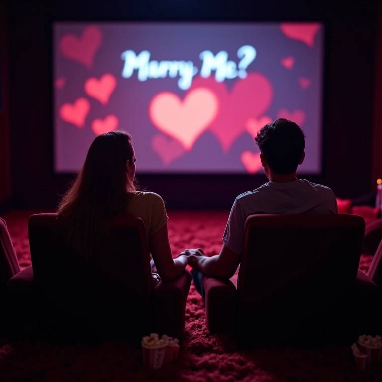 Casal no cinema particular, pedido de casamento na tela.