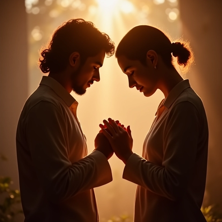 Casal orando junto com anúncio de noivado com tema religioso.