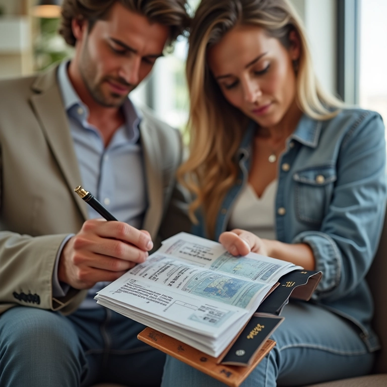 Casal organizando os documentos para a viagem de lua de mel na Oceania, tudo pronto para embarcar.