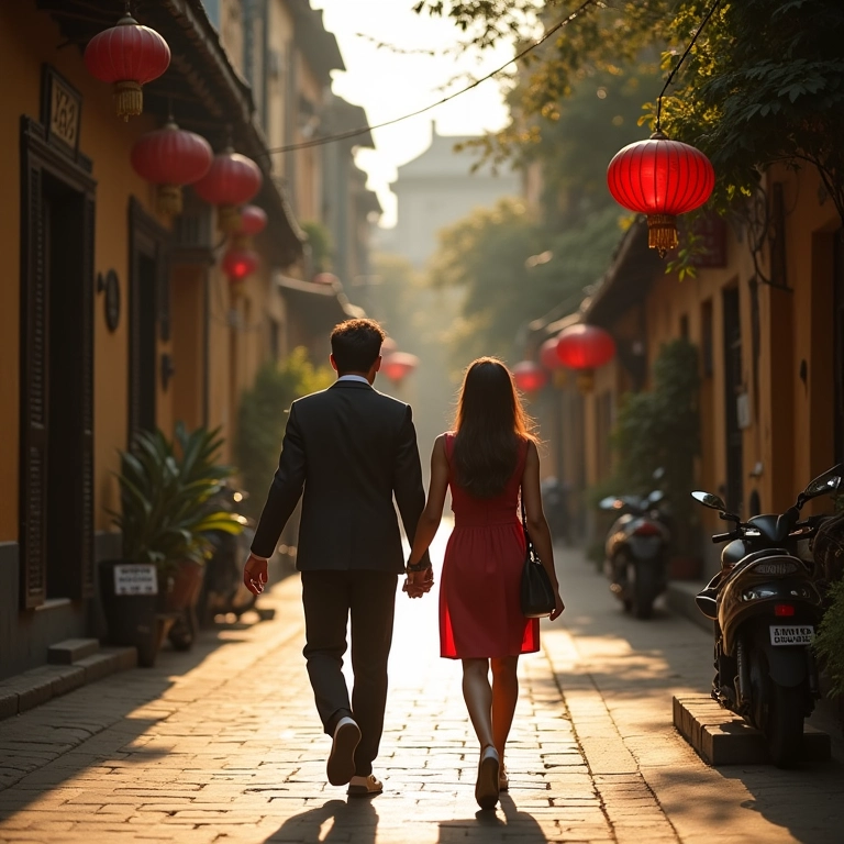 Casal passeando no centro histórico de Hanói, arquitetura colonial francesa.