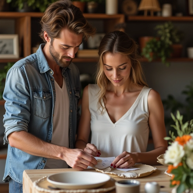 Casal personalizando a seleção de louças para o casamento.