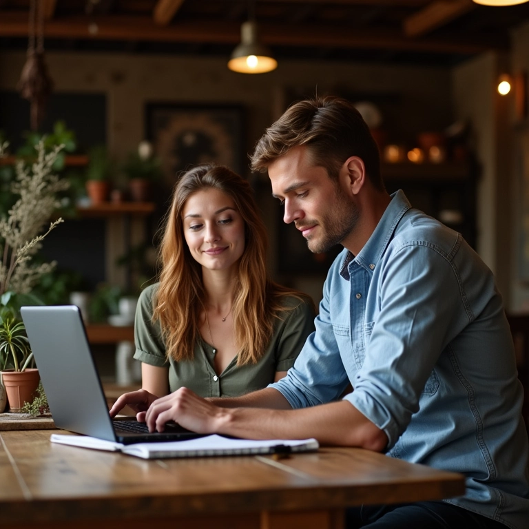 Casal planejando custos do cardápio de casamento no campo.