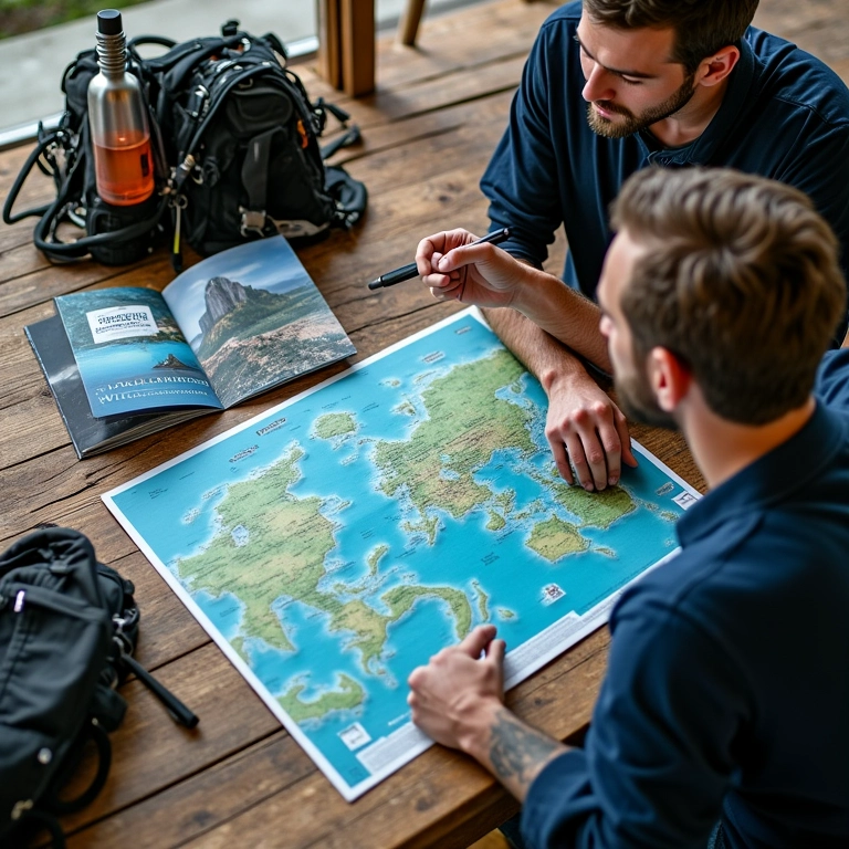 Casal planejando lua de mel de mergulho com mapa e guias de viagem.