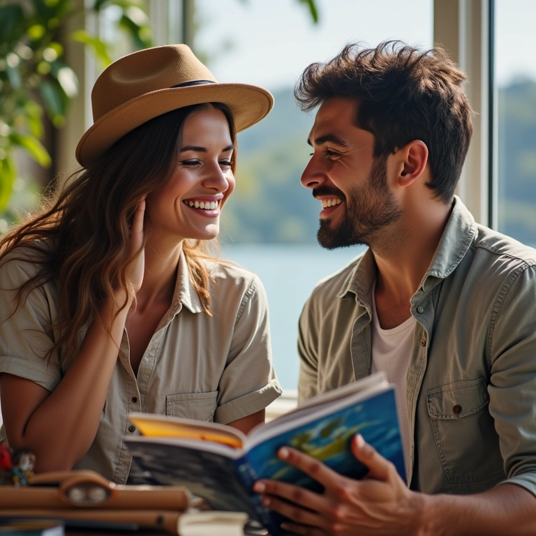 Casal planejando o orçamento da viagem para Bonito, com dinheiro e folhetos de viagem.