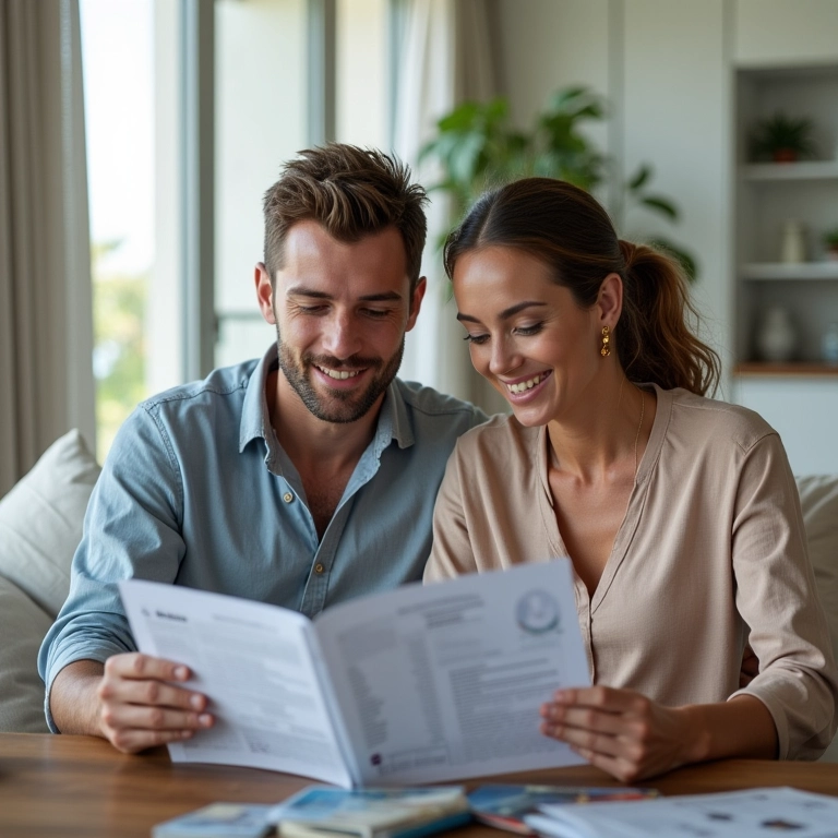 Casal planejando o orçamento para a lua de mel no Caribe, com calculadora e folhetos de viagem.