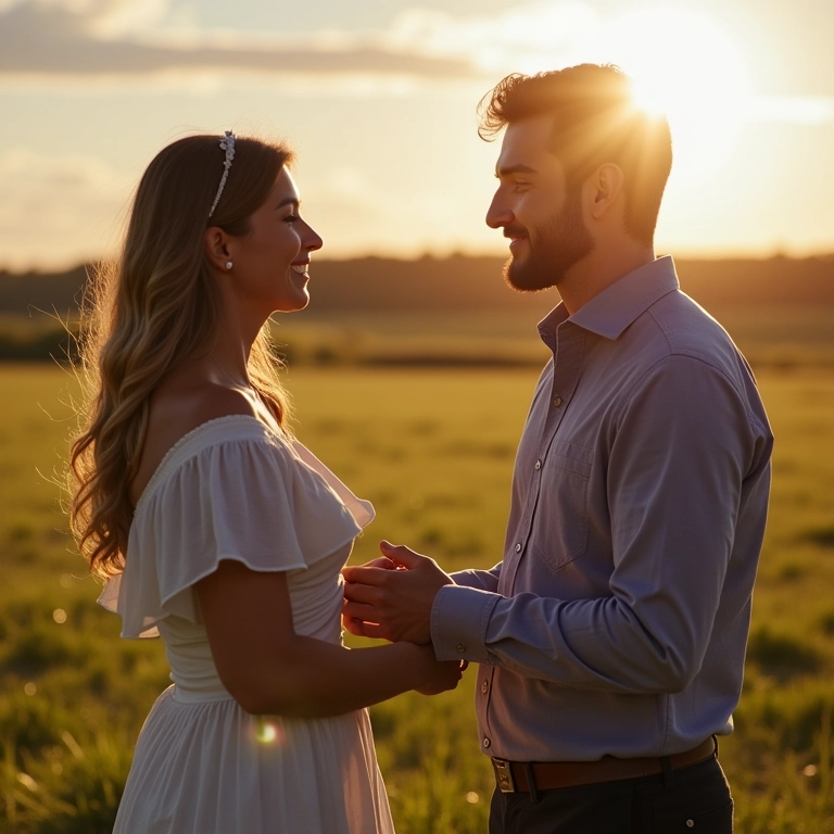 Casal planejando orçamento de casamento em fazenda.