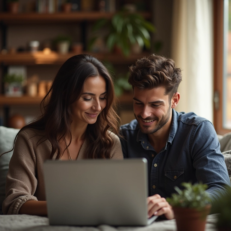 Casal planejando orçamento de micro wedding no laptop.