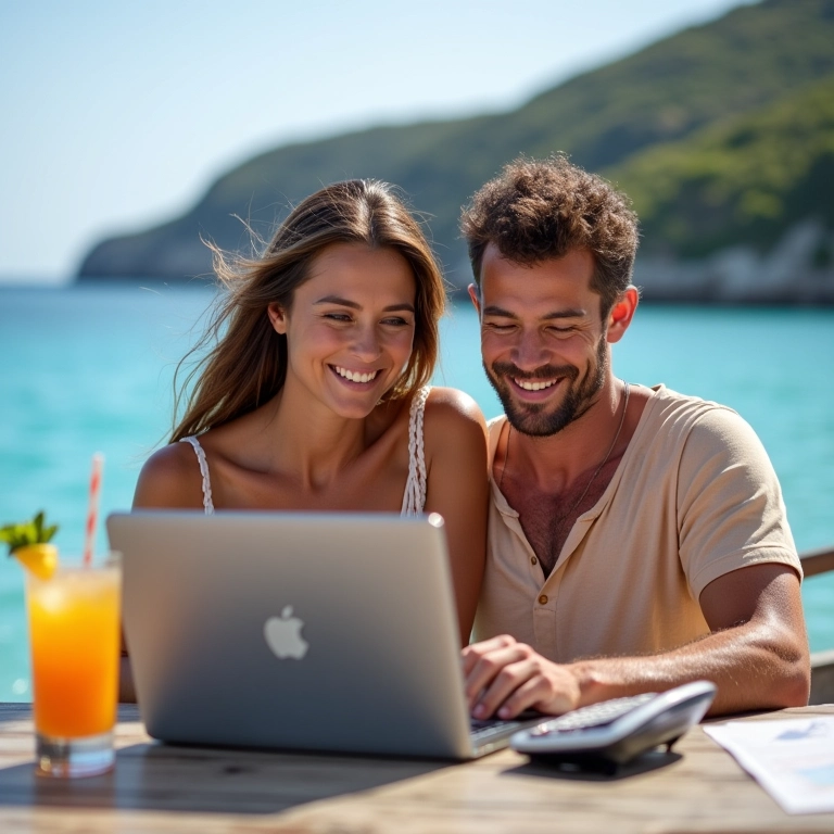 Casal planejando orçamento para lua de mel em St. Barths com laptop e guia de viagem.
