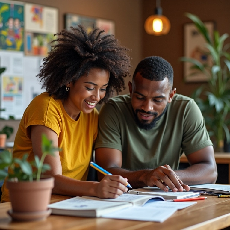Casal planejando um chá bar com decoração brasileira, usando cadernos e mood boards.