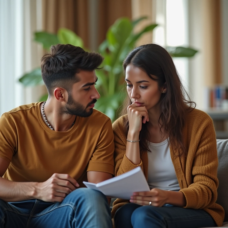 Casal ponderando sobre a separação total de bens, refletindo sobre a confiança.