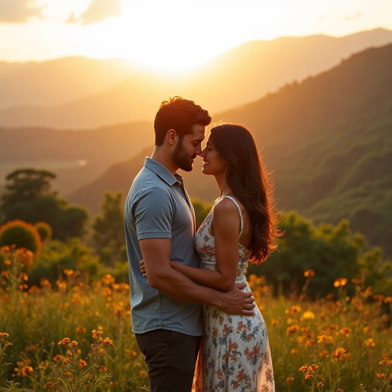 Casal posando para foto de noivado com paisagem brasileira.