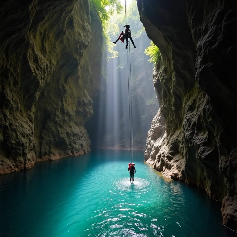 Casal praticando rapel no Abismo Anhumas, Bonito, em aventura emocionante.