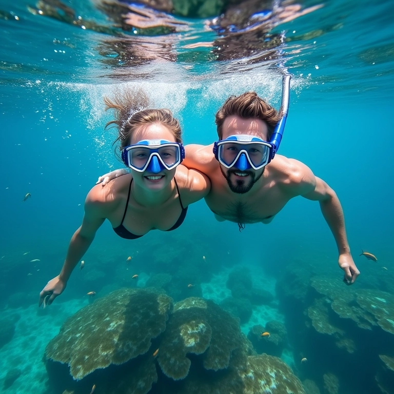 Casal praticando snorkel nas águas cristalinas das Ilhas Cook durante a lua de mel.