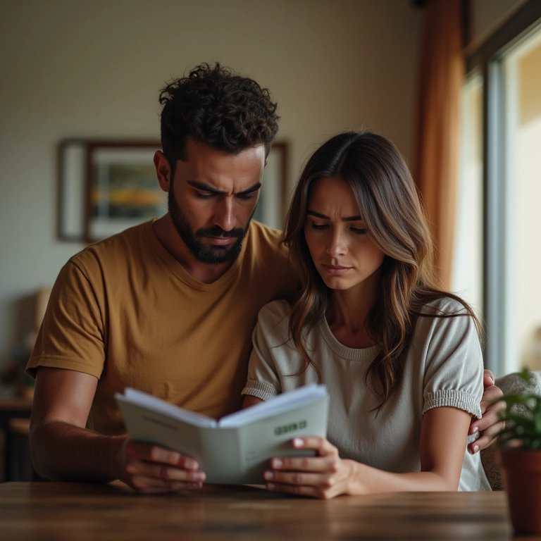 Casal preocupado com dívidas contraídas durante o casamento.