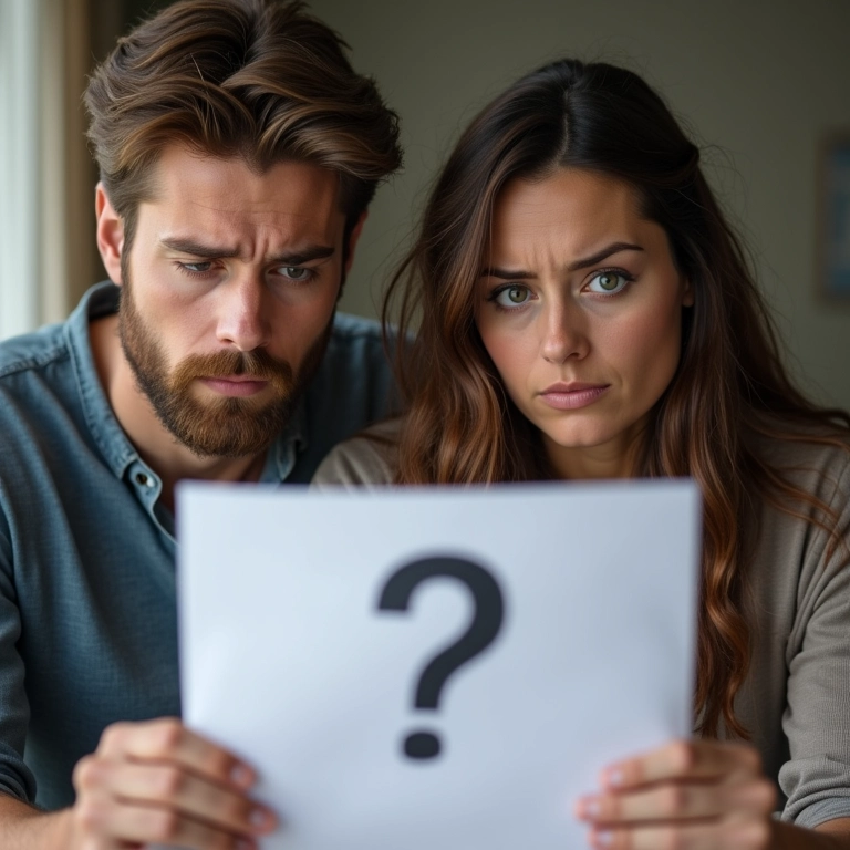 Casal preocupado olhando documentos legais, com interrogação sobre ausência do pacto