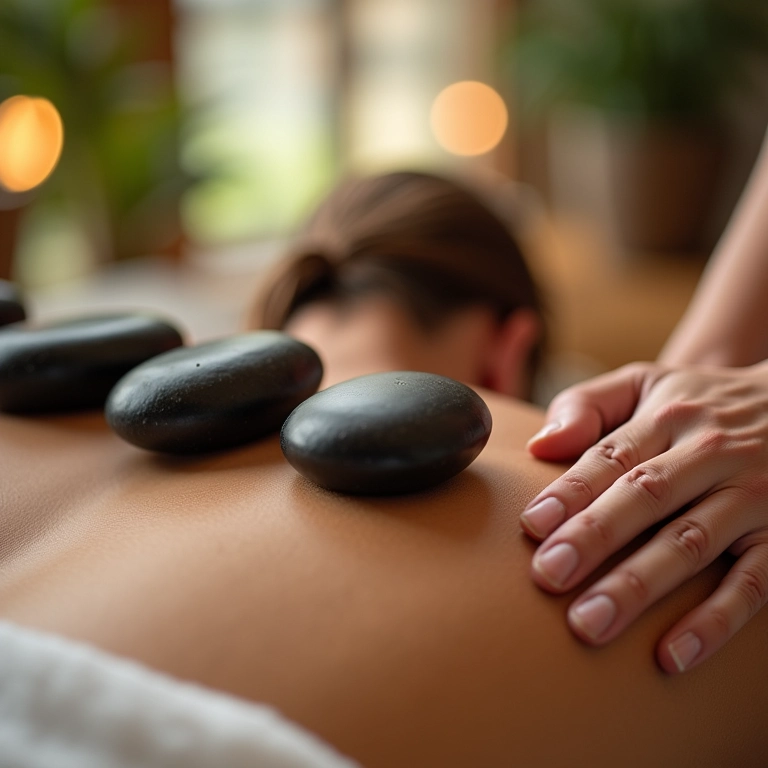 Casal recebendo massagem com pedras quentes em um spa.