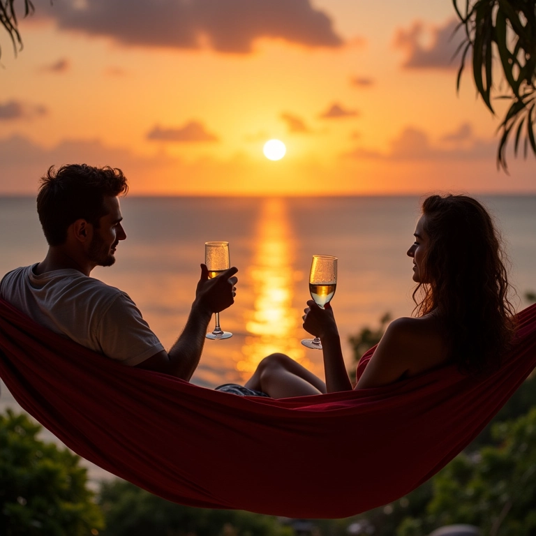 Casal relaxando em rede com vista para o mar em lua de mel no Taiti.